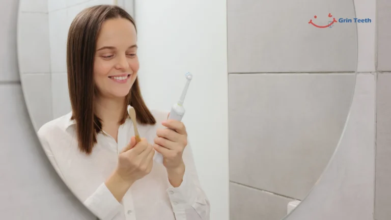 Woman holding manual and electric toothbrush – types of toothbrushes