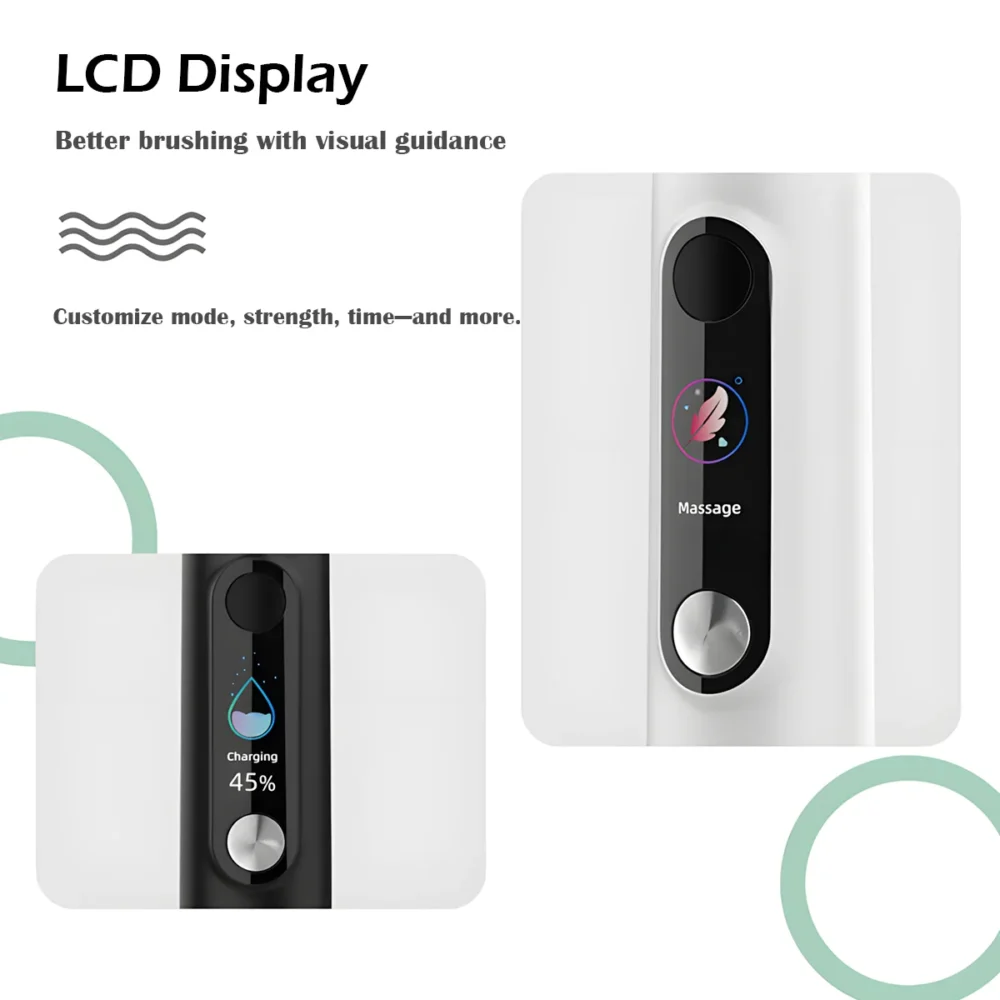 LCD screen on Grin Teeth ET 1 toothbrush showing massage mode and 45% charging level
