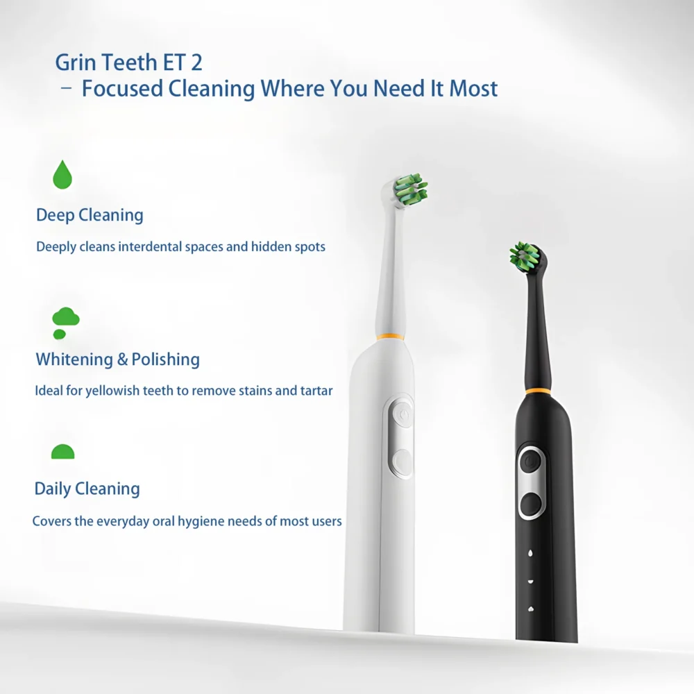 Grin Teeth ET 2 white and black toothbrushes showing targeted cleaning solutions: deep cleaning, stain removal, and daily care