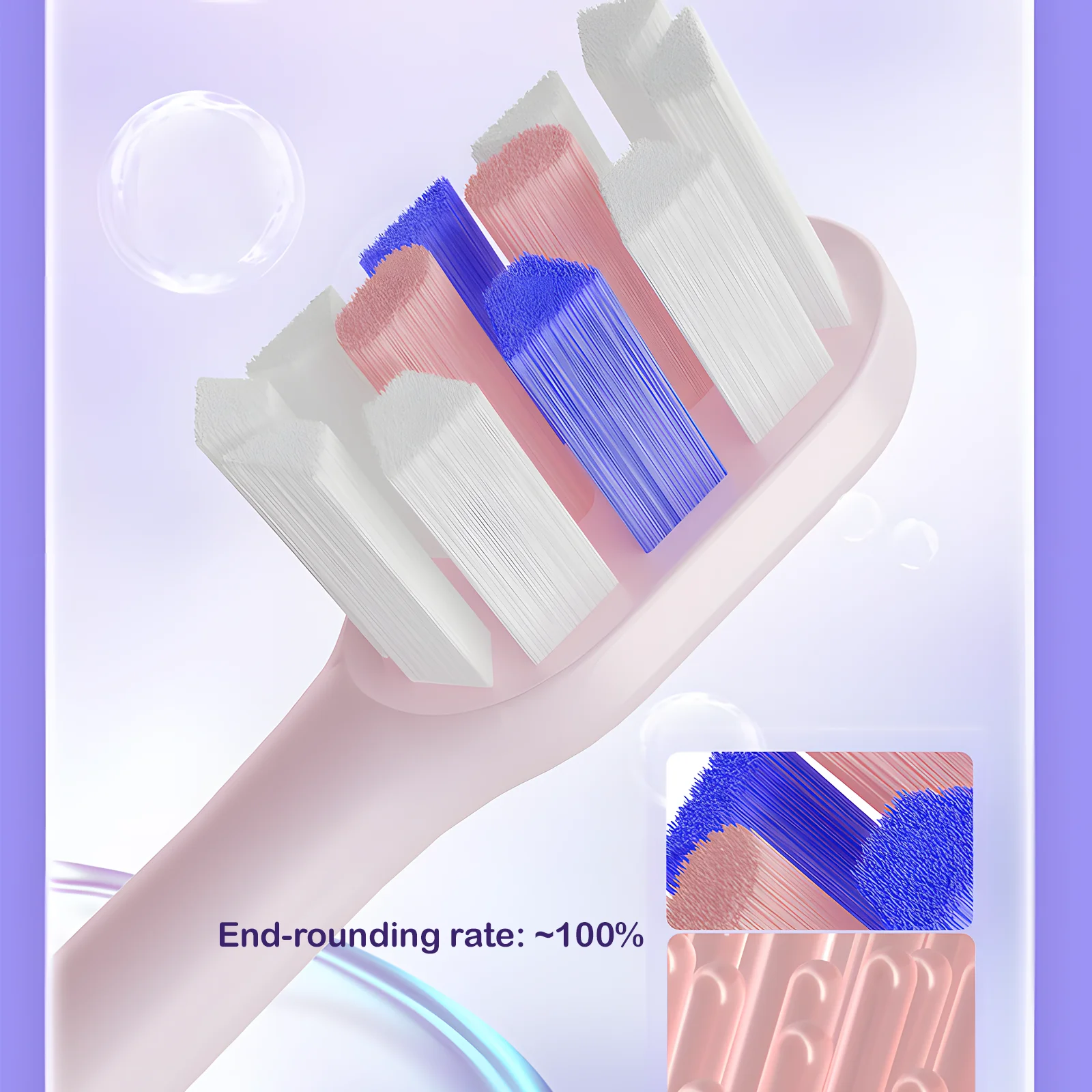 Grin Teeth ET 3 – 100 End Rounded Bristles for Gum Safety Grin Teeth ET 3 toothbrush bristles with ~100% end-rounding rate for safe brushing and gentle gum care, shown in magnified comparison view