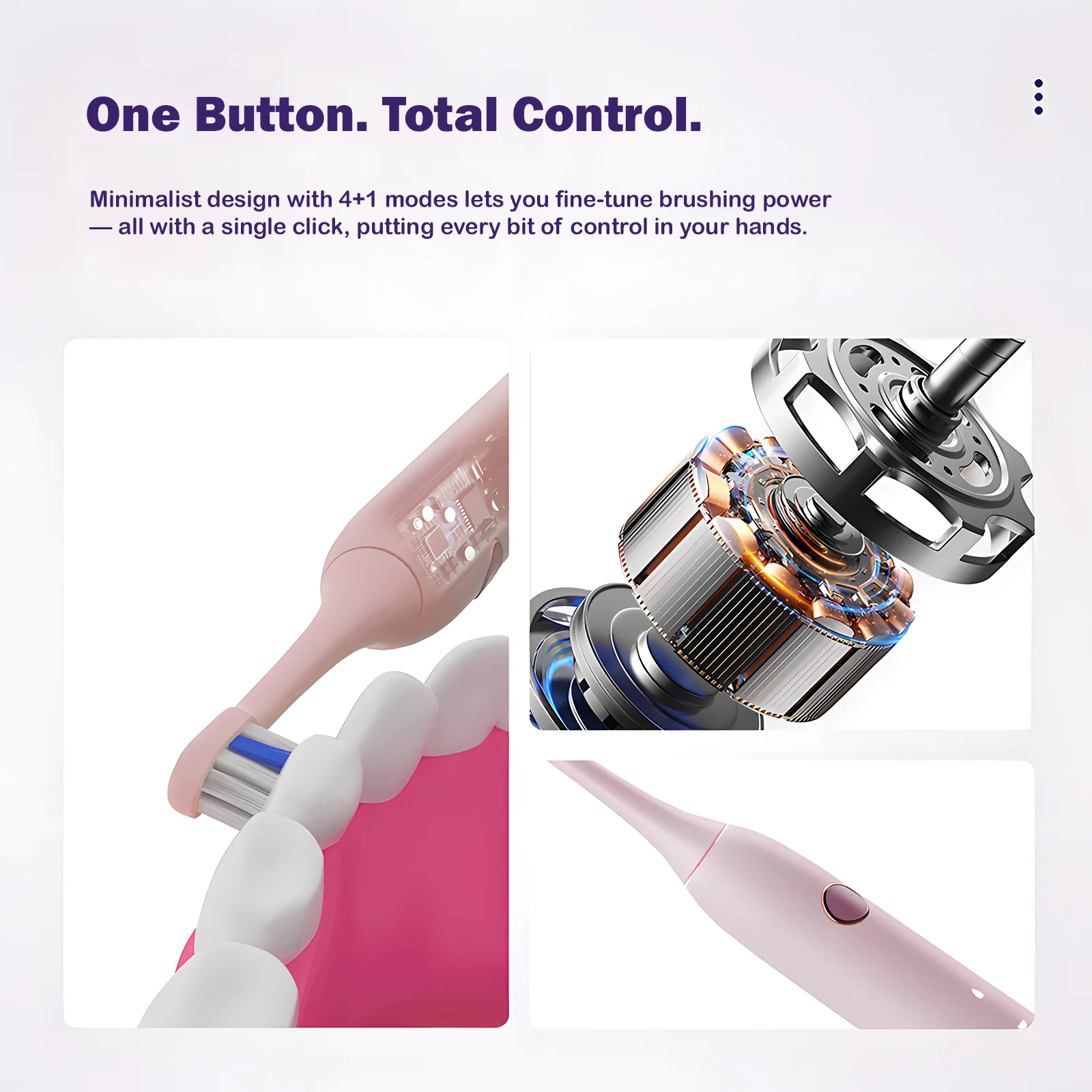Grin Teeth ET 3 – 41 Modes with One Button Control Grin Teeth ET 3 toothbrush infographic showing 4+1 brushing modes, one-button design, and high-torque motor for precise brushing control