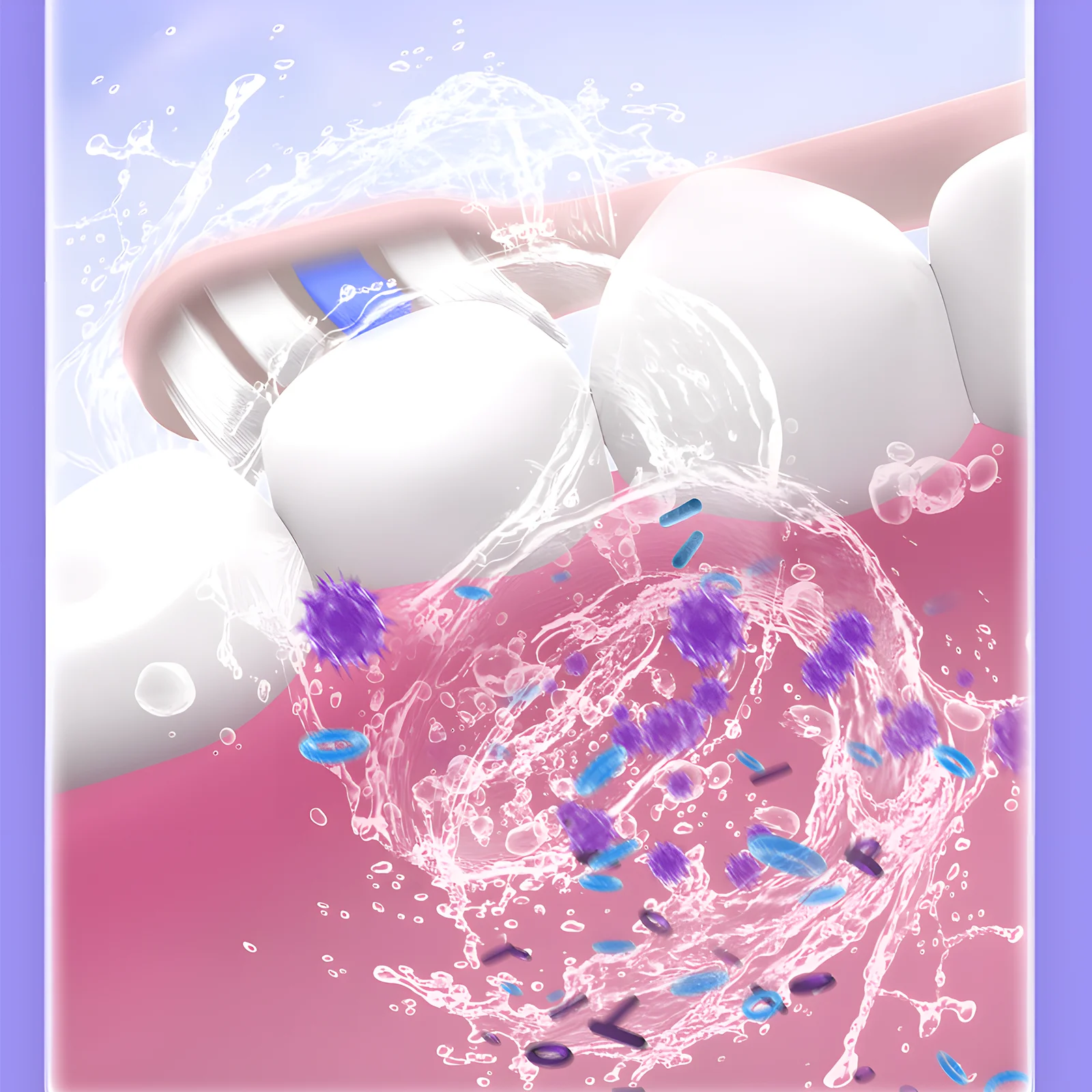 Grin Teeth ET 3 – Deep Cleaning Action for Healthier Gums Grin Teeth ET 3 electric toothbrush cleaning between teeth and gums, removing plaque, food debris, and bacteria with sonic water flow