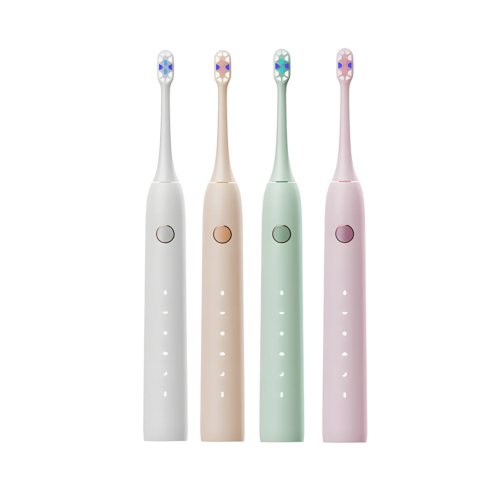 Grin Teeth ET 3 minimalist electric toothbrushes in white, beige, green, and pink shown side by side to present color variety and style