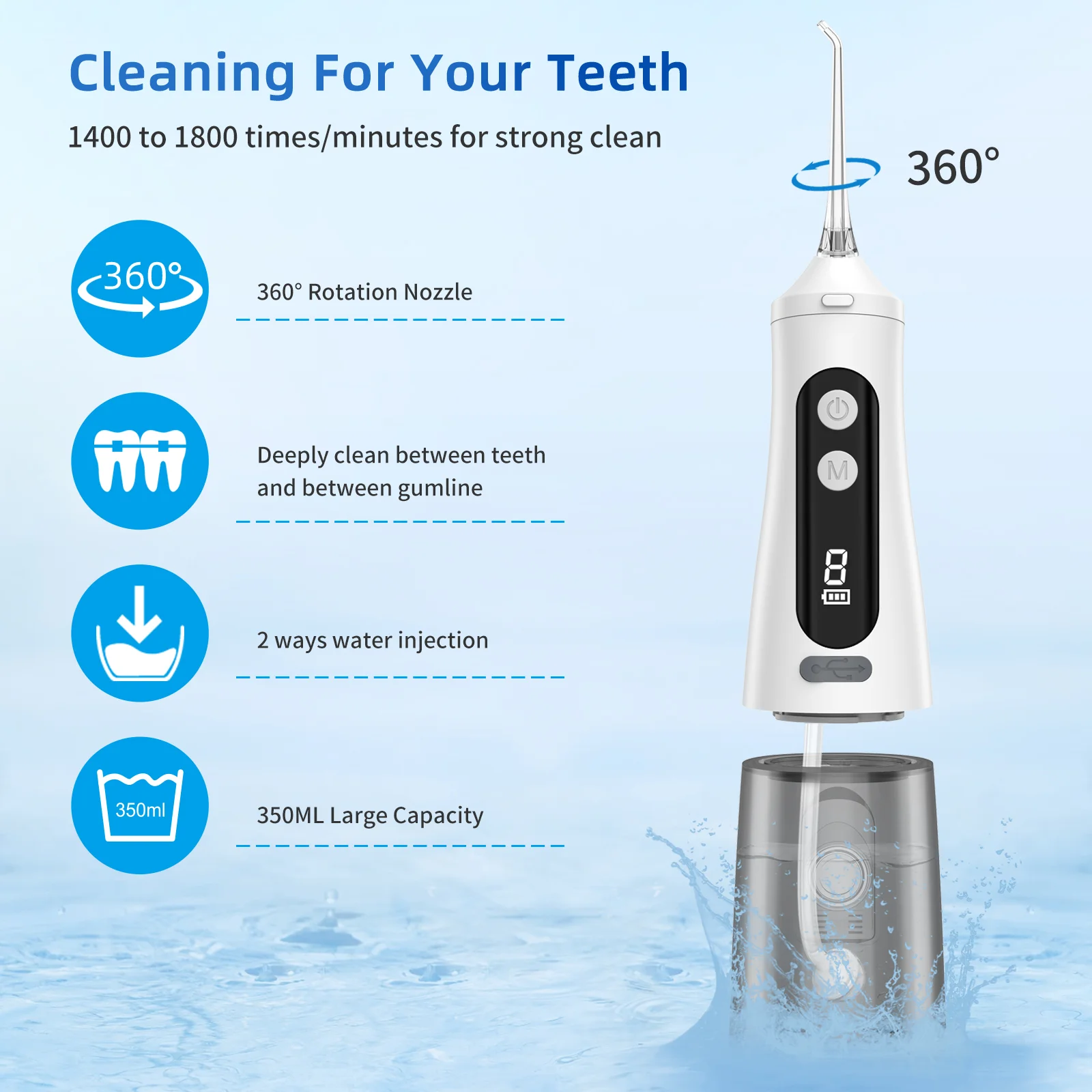 High Pressure Water Flosser – 360° Nozzle 350ML Tank High Pressure Water Flosser with 360° rotation nozzle and 350ml water tank