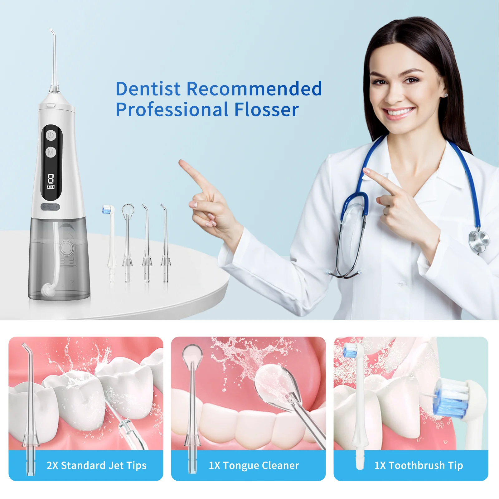 High Pressure Water Flosser – Dentist Recommended 4 Tips High Pressure Water Flosser with 4 professional nozzles and dentist recommendation