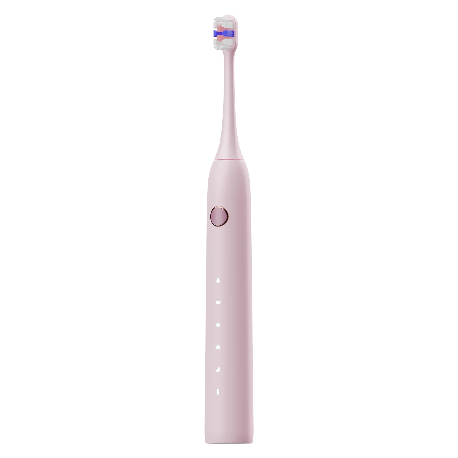 Side view of Grin Teeth ET 3A minimalist electric toothbrush in soft pink, showing smart mode icons