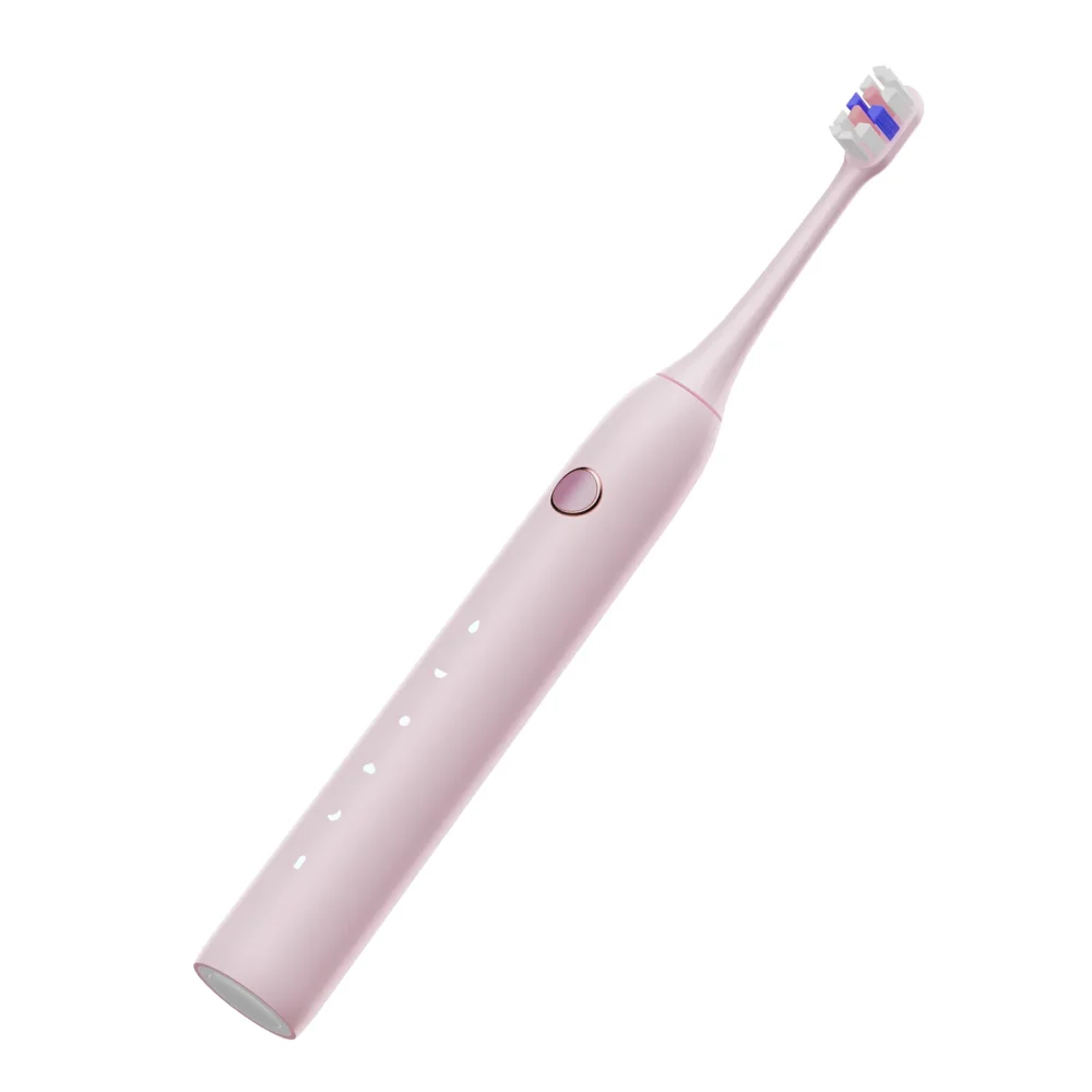 Angled top view of Grin Teeth ET 3A minimalist electric toothbrush in soft pink, highlighting control button and mode icons
