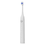 Minimalist sonic toothbrush Grin Teeth ET 3B in white, angled side view showing bristle shape and power button location