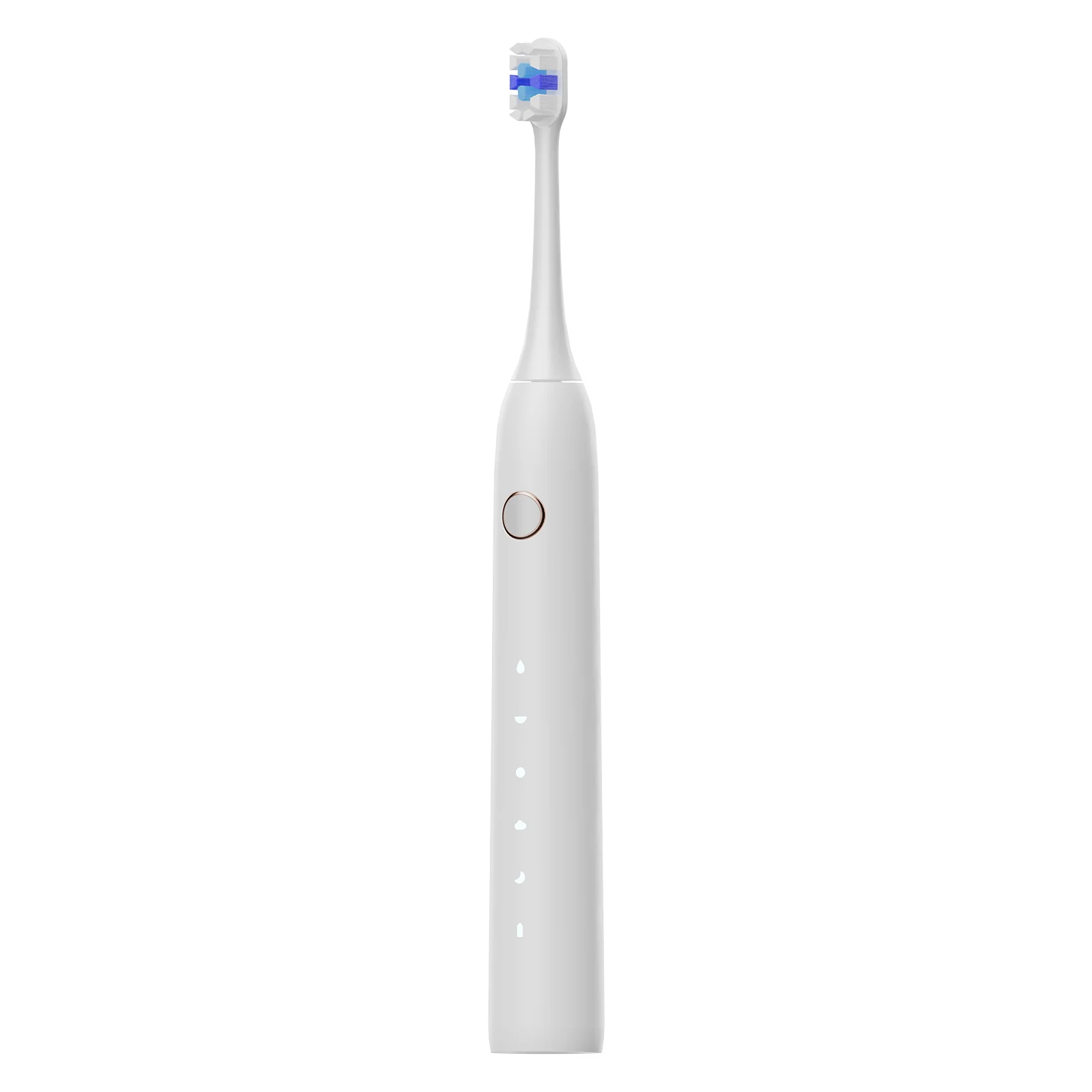 Minimalist sonic toothbrush Grin Teeth ET 3B in white, angled side view showing bristle shape and power button location