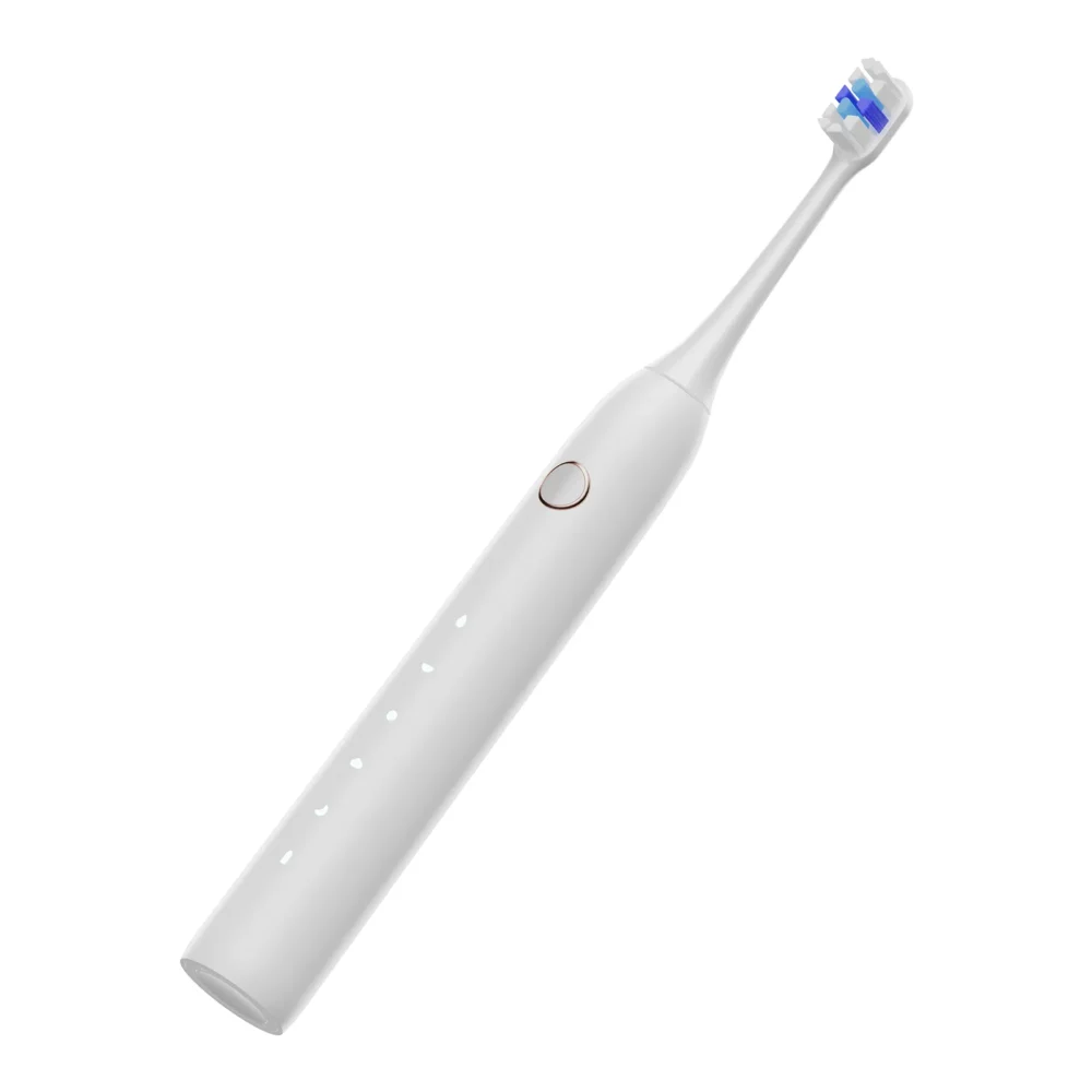 Grin Teeth ET 3B minimalist sonic toothbrush white model in tilted view, highlighting soft-touch surface and mode indicators