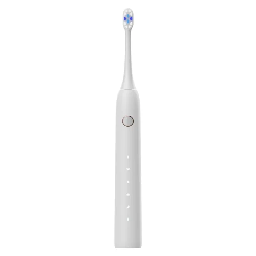 Minimalist sonic toothbrush Grin Teeth ET 3B in white, front view showing smart mode icons and soft matte body