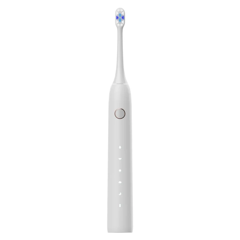 Minimalist sonic toothbrush Grin Teeth ET 3B in white, front view showing smart mode icons and soft matte body