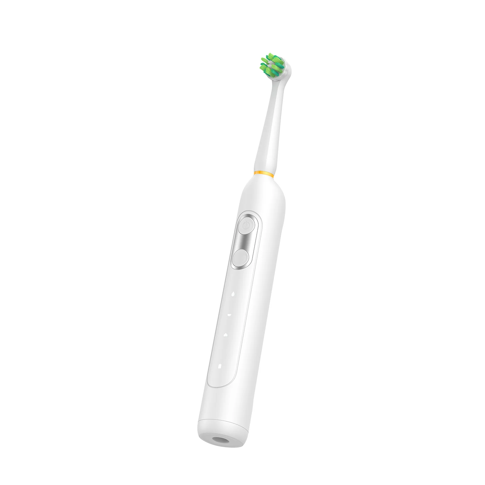 Angled view of oscillating electric toothbrush with round head