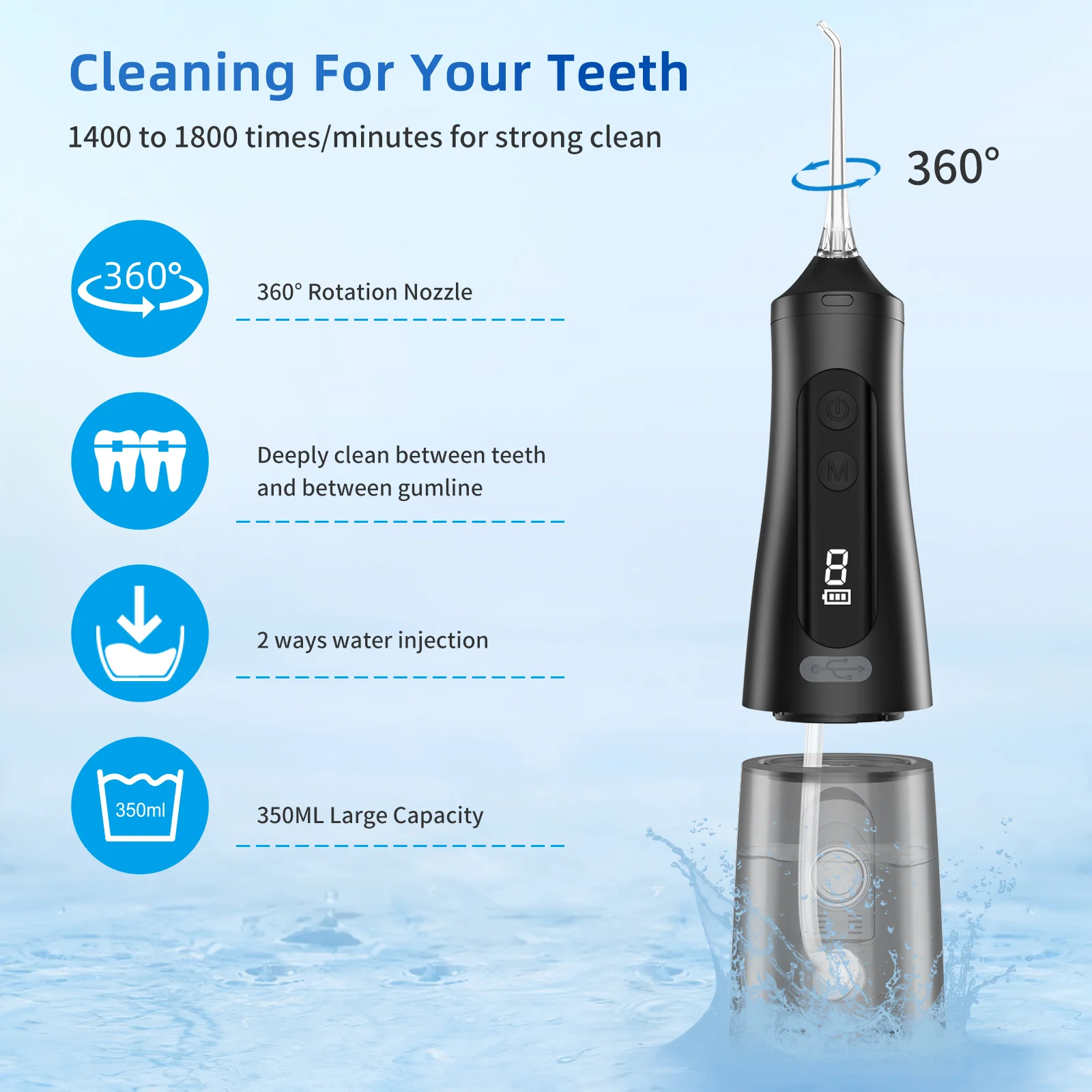 Professional Water Flosser – Grin Teeth WF 2B 360° Clean Grin Teeth WF 2B professional water flosser with 360-degree nozzle, 350ml large tank, strong pulse cleaning, and two-way water filling system