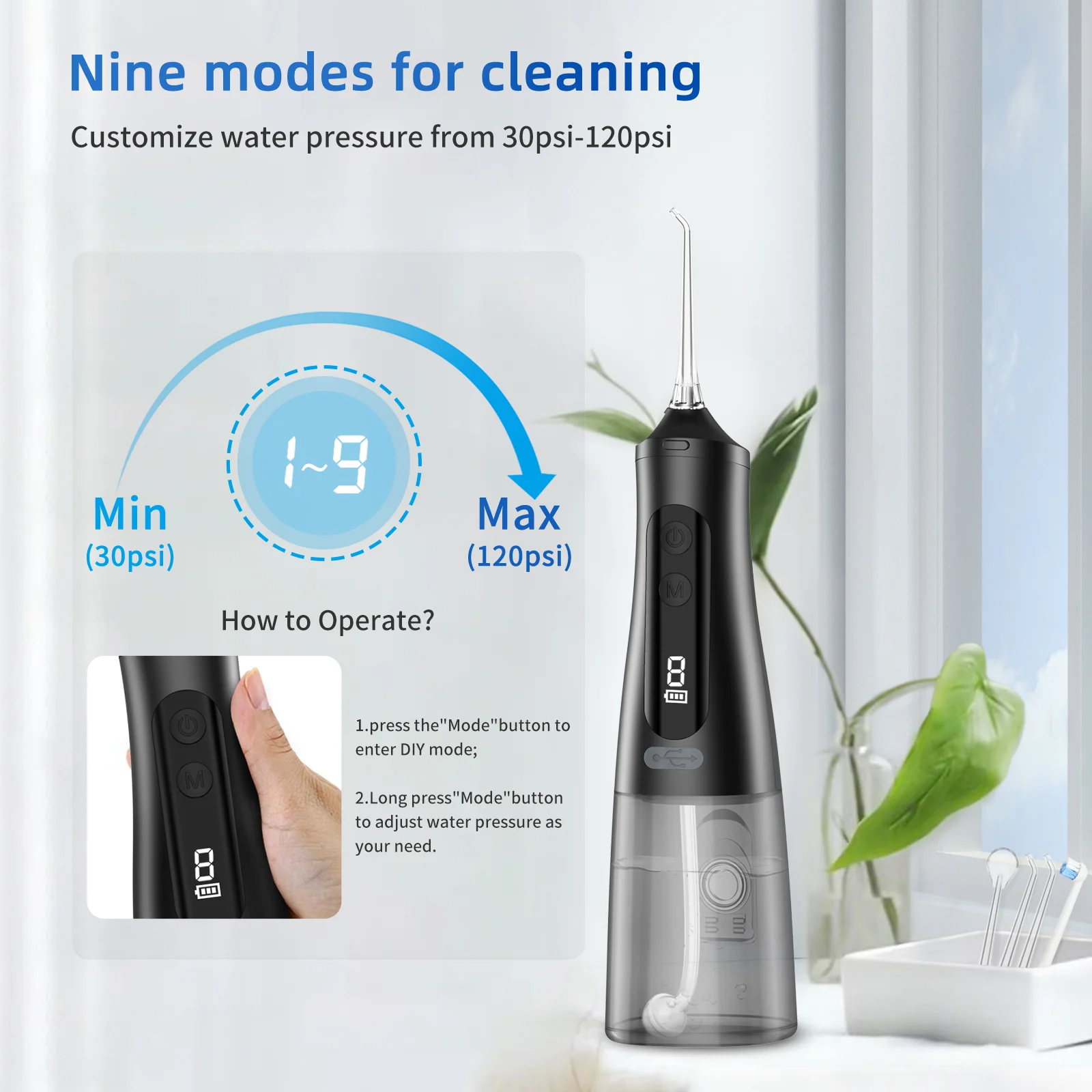 Professional Water Flosser – Grin Teeth WF 2B 9 Modes Grin Teeth WF 2B professional water flosser with 9 pressure settings from 30 to 120 psi and DIY mode, shown with operating instructions