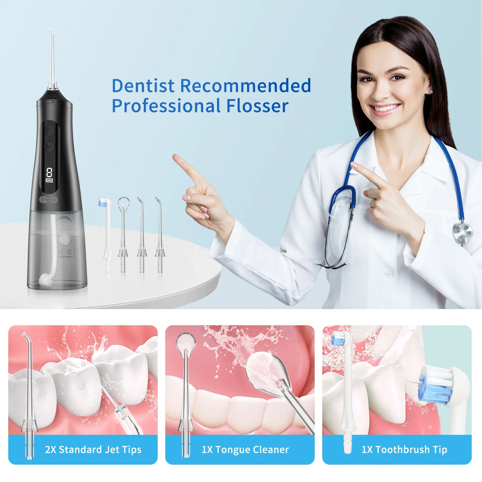 Professional Water Flosser – Grin Teeth WF 2B Doctor Rated Grin Teeth WF 2B professional water flosser with dentist endorsement and 4 multifunctional tips: 2 jet tips, 1 tongue scraper, and 1 toothbrush head