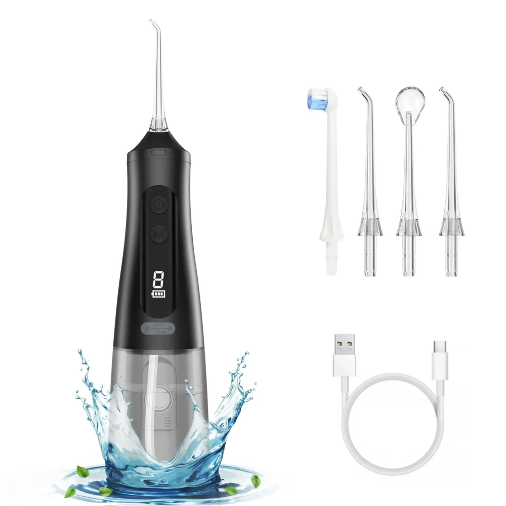 Grin Teeth WF 2B professional water flosser full set with 4 jet tips, USB charging cable, waterproof body, and powerful water jet