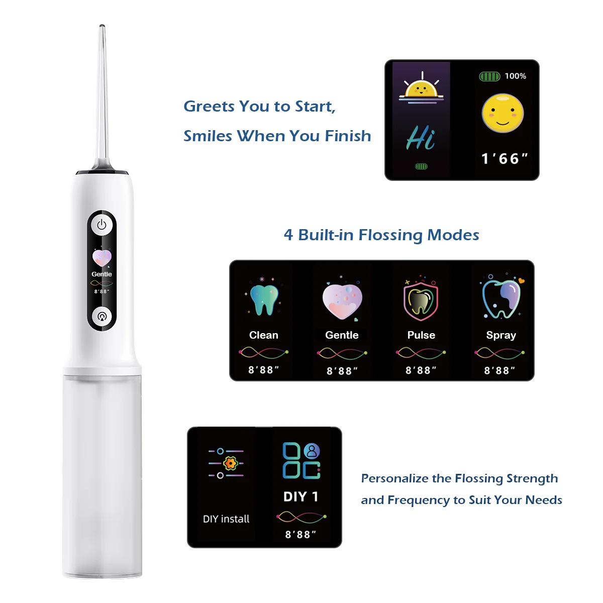 Grin Teeth WF 1 travel water flosser with 4 modes, DIY setting, and emoji screen feedback