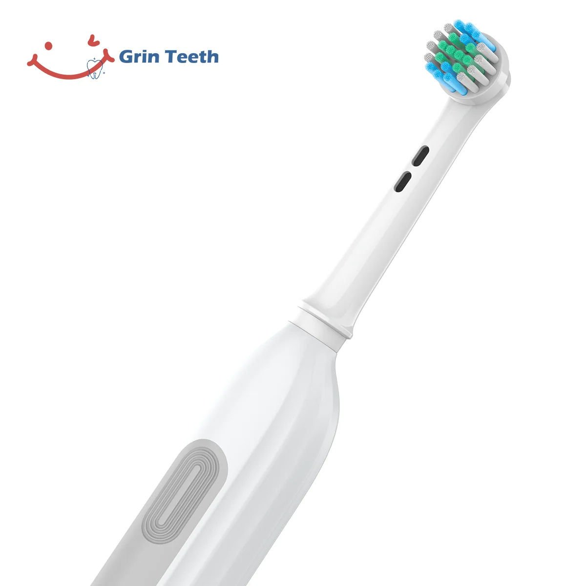 Grin Teeth ET 6B electric rotating toothbrush close-up showing quiet round brush head and textured power button