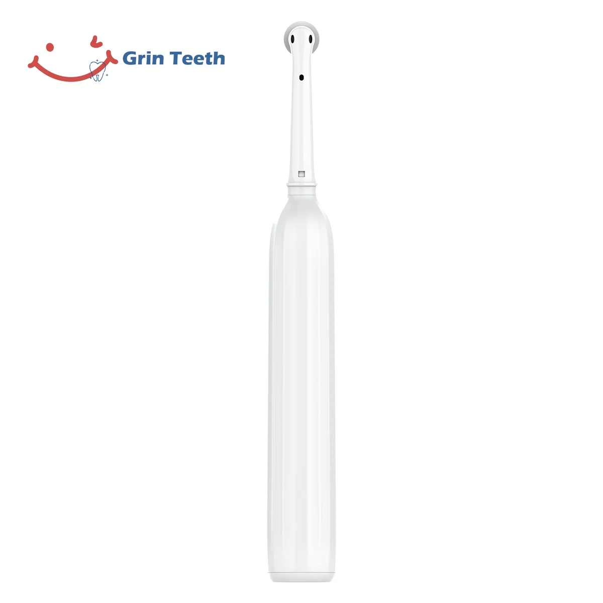 Grin Teeth ET 6B electric rotating toothbrush in white, full rear view showing quiet design and slim ergonomic back handle