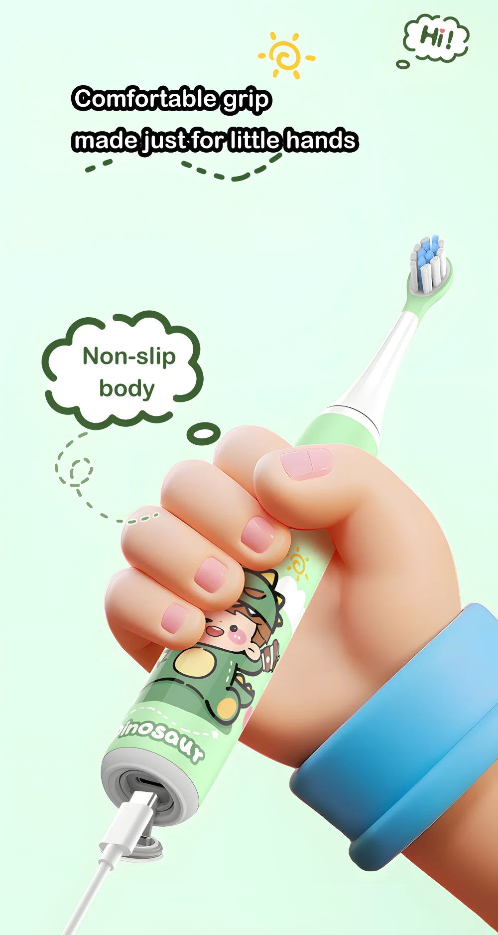 Electric Toothbrush Pressure Sensor – Easy Grip for Kids ET 5 Grin Teeth ET 5 dinosaur electric toothbrush for kids ages 4–8, shown in a child’s hand with pressure sensor and non-slip grip