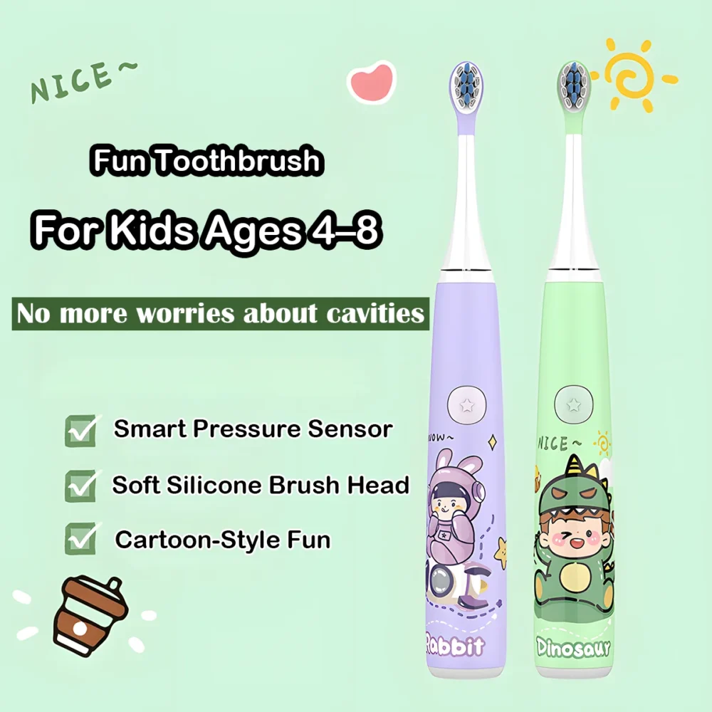 Grin Teeth ET 5 series electric toothbrush for kids ages 4–8 with pressure sensor, featuring bunny and dinosaur cartoon designs