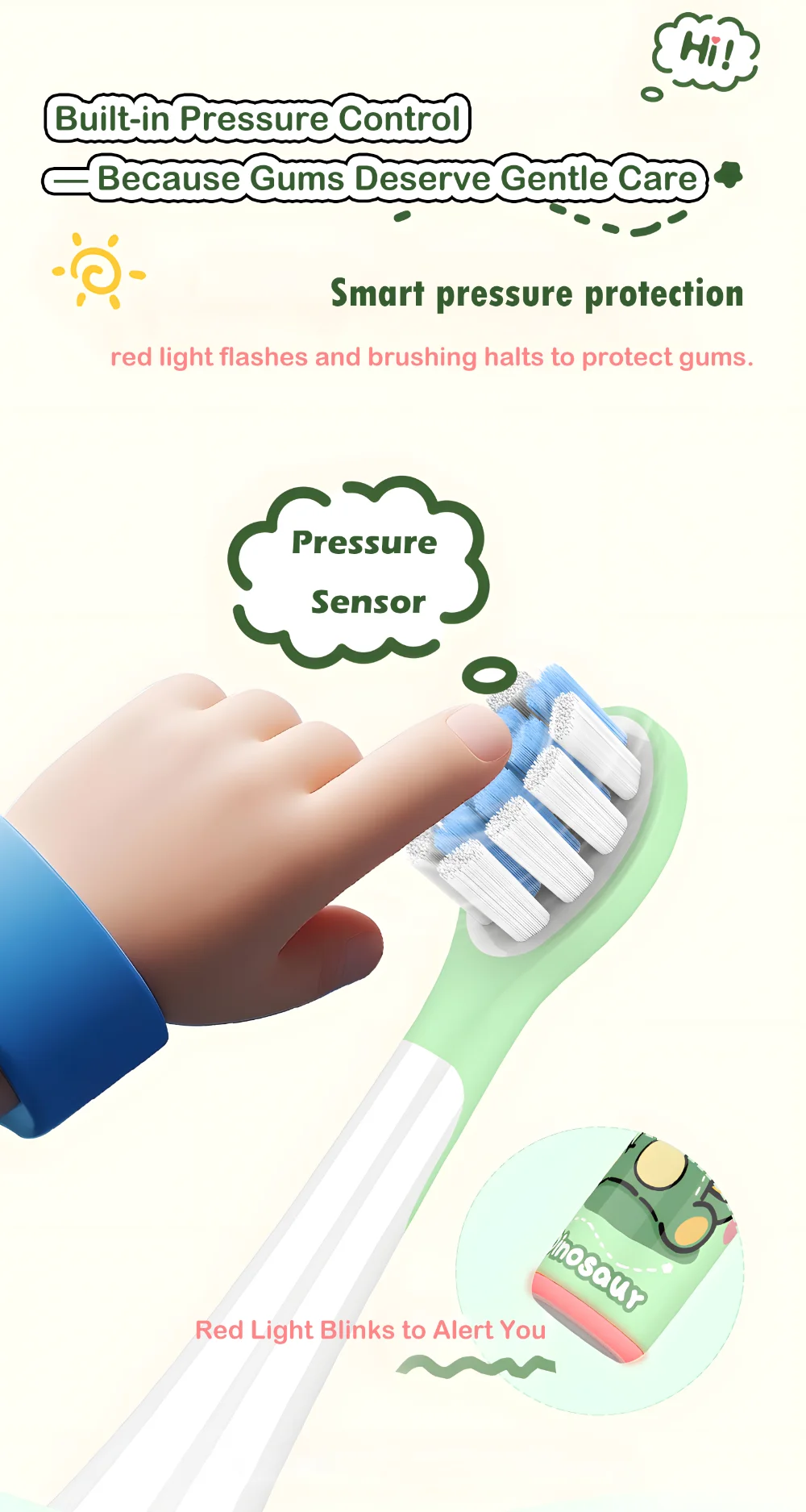Electric Toothbrush Pressure Sensor – Gum Safe Design for Kids Grin Teeth ET 5 electric toothbrush for kids ages 4–8 with smart pressure sensor, gum protection, red light alert, and dinosaur design