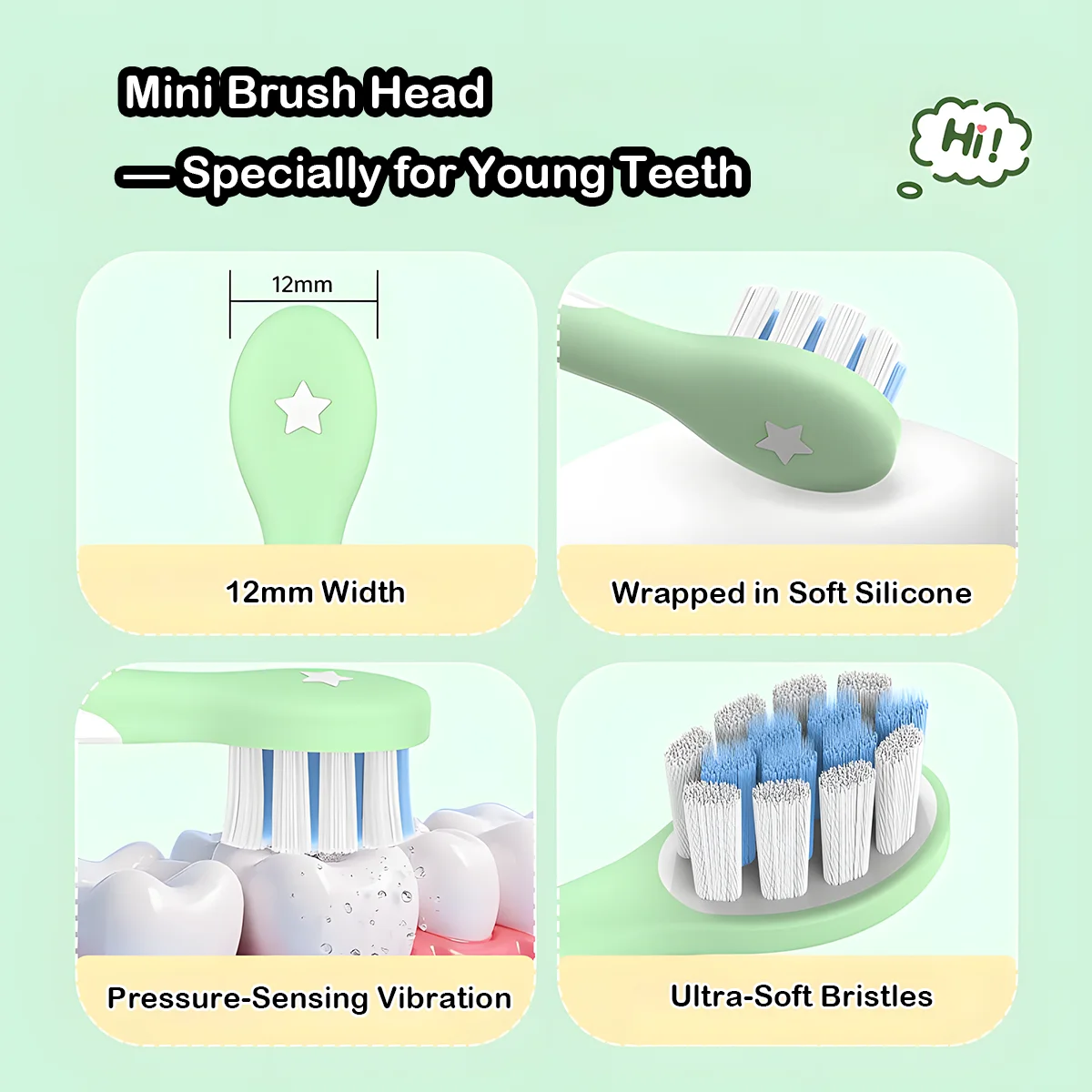 Electric Toothbrush Pressure Sensor – Soft Brush Head for Kids Grin Teeth ET 5 electric toothbrush brush head features soft silicone, ultra-soft bristles, and pressure sensor for kids ages 4–8