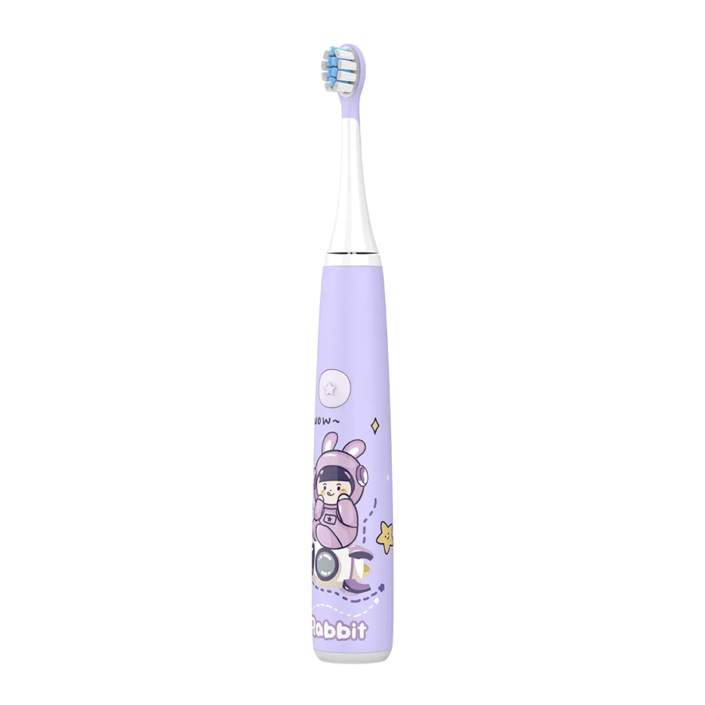 Side view of bunny-themed Grin Teeth ET 5B electric toothbrush with pressure sensor for kids ages 4–8