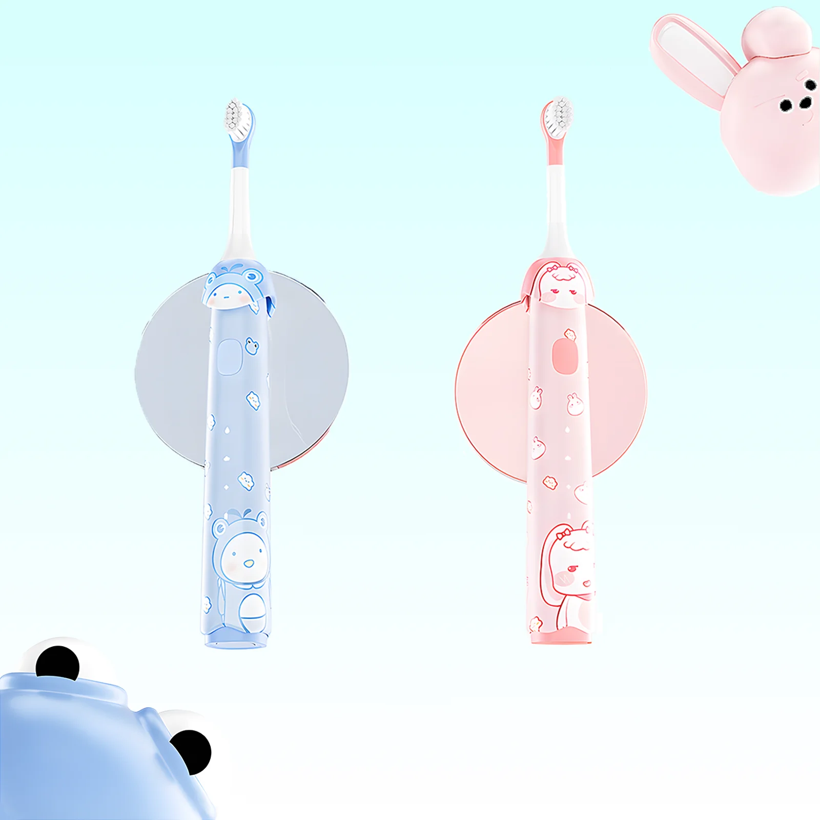 Grin Teeth ET 4 – Fun Kids Toothbrush Set in Blue Pink Grin Teeth ET 4 kids’ electric toothbrush set in fun blue and pink designs with animal characters