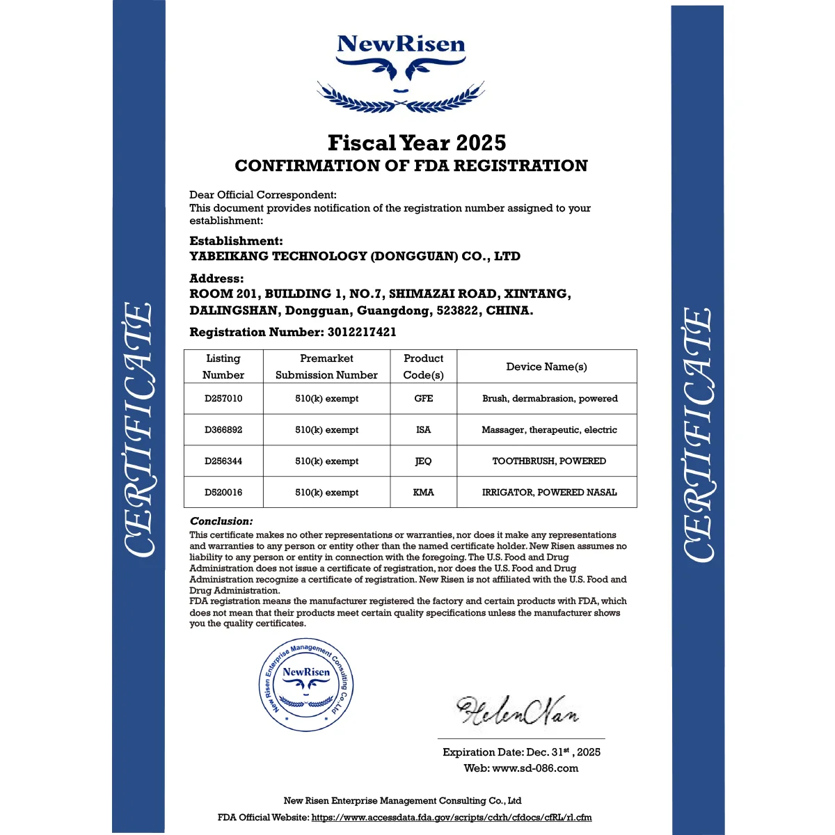 Grin Teeth Products with Verified FDA Approval FDA Approval Certificate for Grin Teeth Oral Care Devices