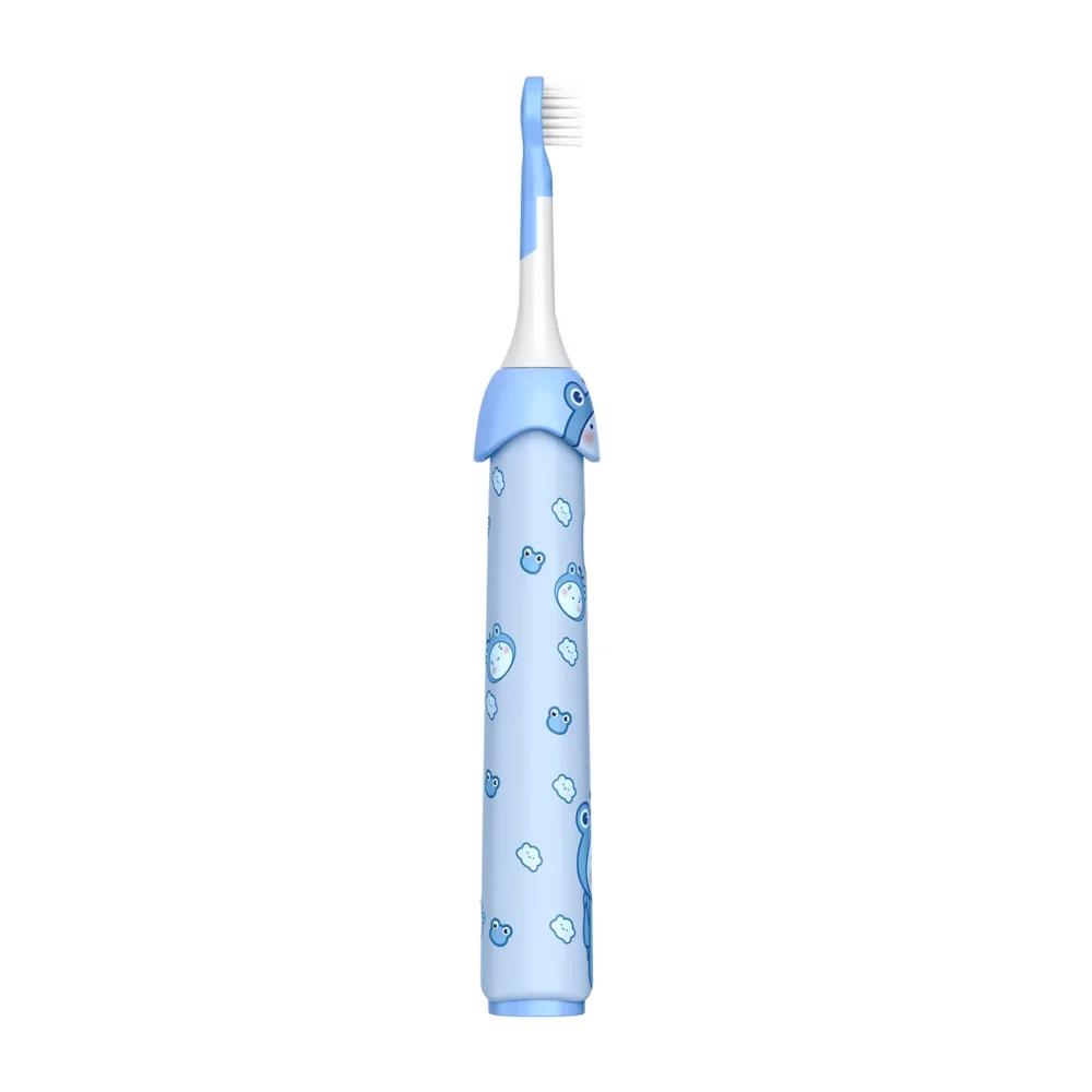 Side angle view of Grin Teeth ET 4A Kids' Electric Toothbrush with soft bristles