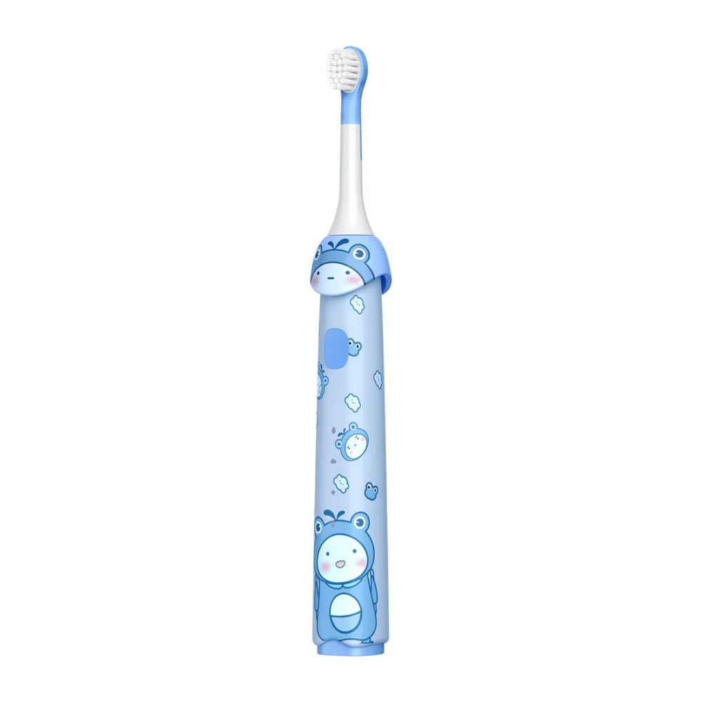 Side view of Grin Teeth ET 4A Kids' Electric Toothbrush in blue with cartoon design