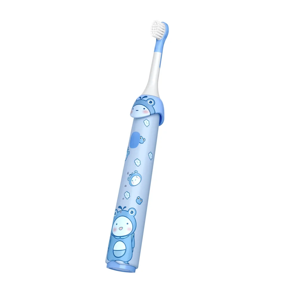 Angled view of Grin Teeth ET 4A Kids' Electric Toothbrush with cartoon face and soft brush head