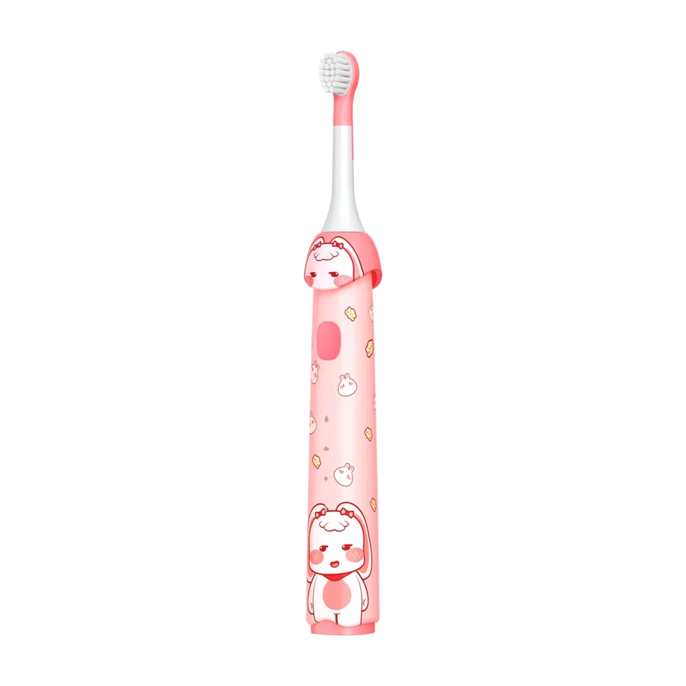 Angled view of Grin Teeth ET 4B Kids’ Sonic Toothbrush with bunny face and soft bristles