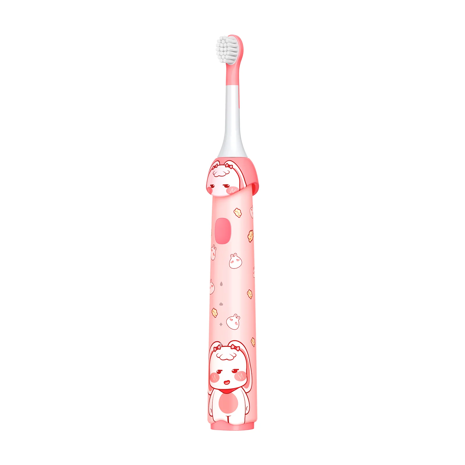 Angled view of Grin Teeth ET 4B Kids’ Sonic Toothbrush with bunny face and soft bristles