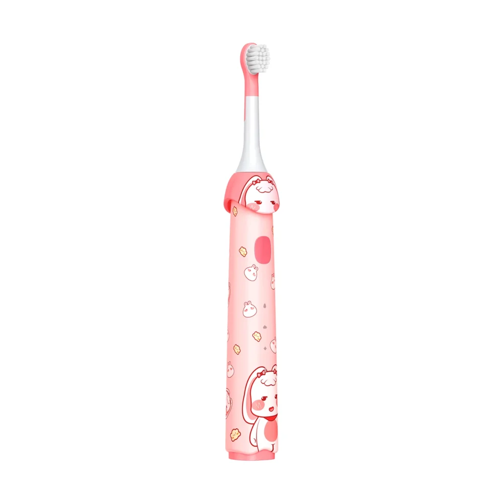 Rear angled view of Grin Teeth ET 4B Kids’ Sonic Toothbrush with pink cartoon design and soft bristles