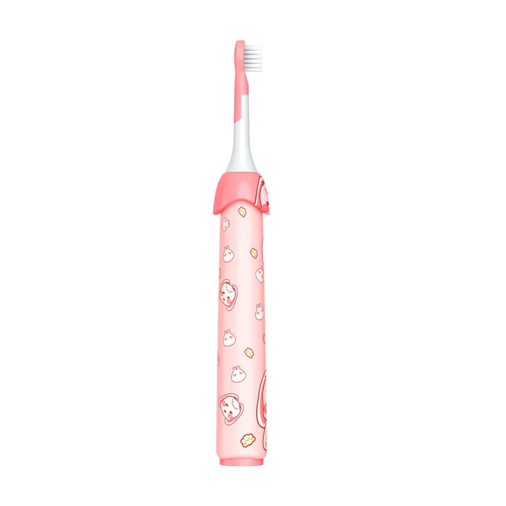 Side brush view of Grin Teeth ET 4B Kids’ Sonic Toothbrush with soft bristles and pink cartoon body