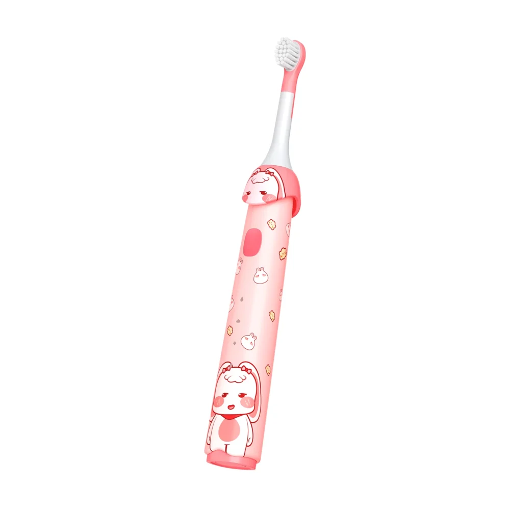 Tilted angle view of Grin Teeth ET 4B Kids’ Sonic Toothbrush with soft bristles and pink bunny design
