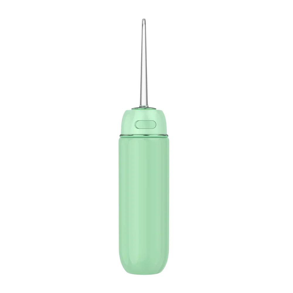 Front view of Grin Teeth WF 3B portable oral irrigator in mint green with vertical nozzle and sleek body