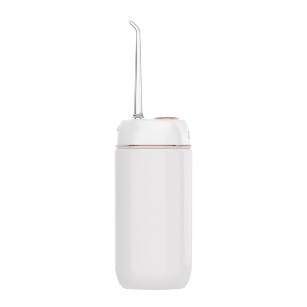 Grin Teeth WF 3A portable water flosser side view highlighting angled nozzle and rose gold accent
