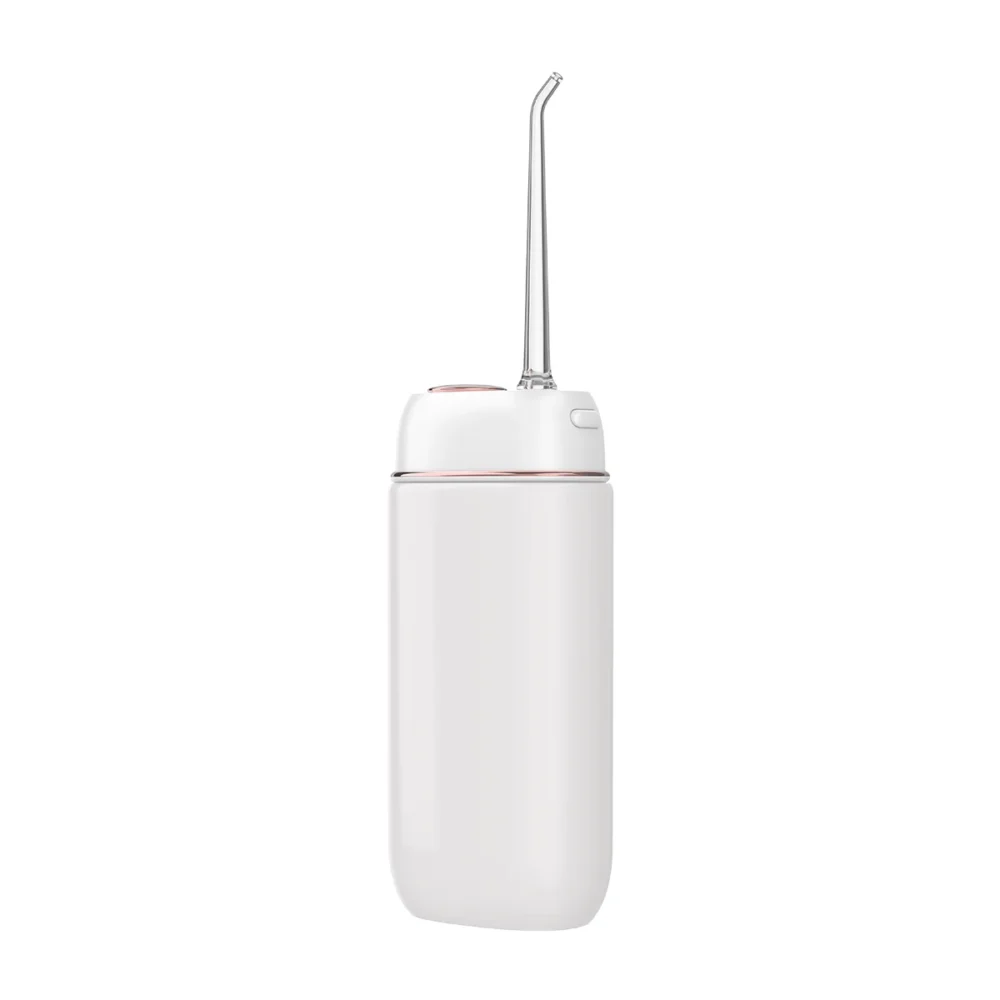 Side view of Grin Teeth WF 3A portable water flosser in sleek white finish with rose gold detailing
