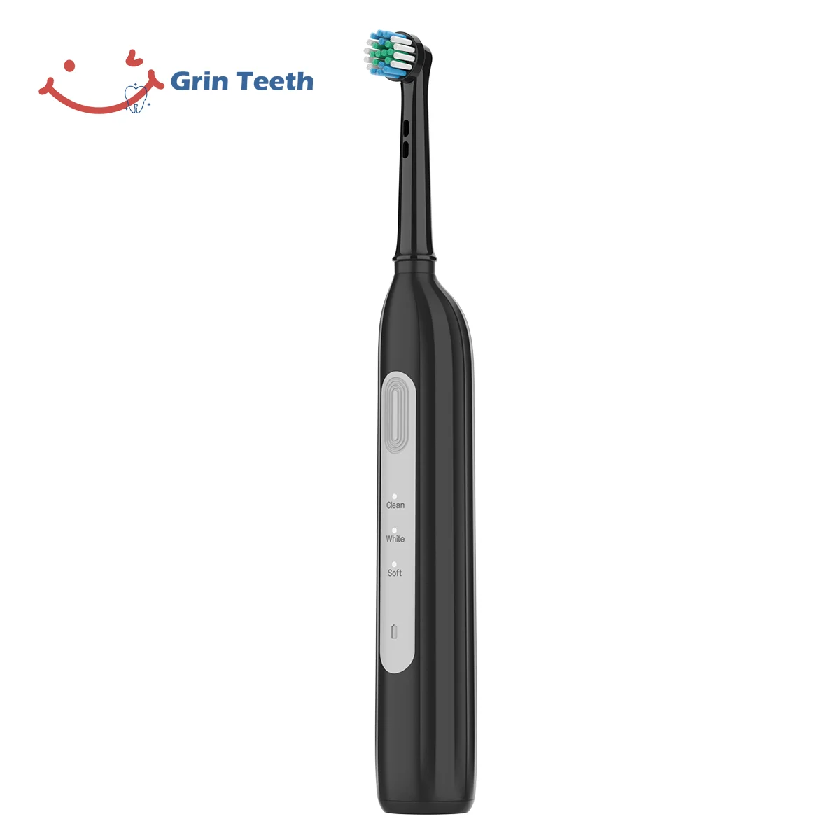 Side view of Grin Teeth ET 6C quiet rotating head electric toothbrush in black with sleek ergonomic design