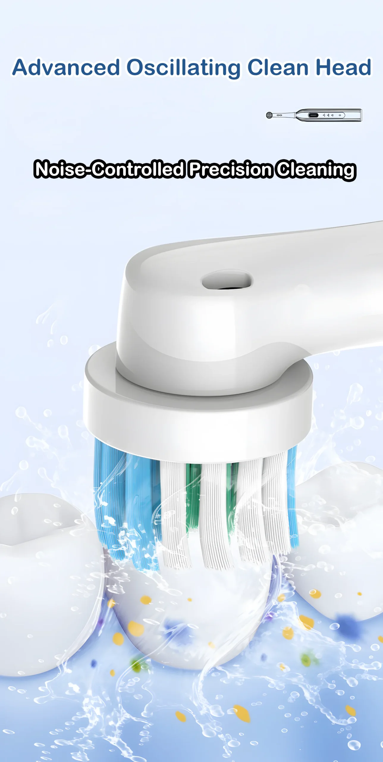 Rotating Oscillating Electric Toothbrush – ET 6 Clean Head scaled Grin Teeth ET 6 rotating oscillating electric toothbrush head close-up with soft bristles and precision cleaning