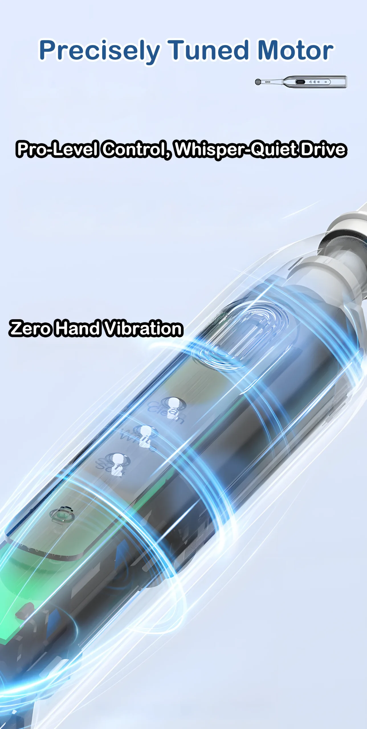 Rotating Oscillating Electric Toothbrush – ET 6 Quiet Motor scaled Grin Teeth ET 6 rotating oscillating electric toothbrush with precision-tuned quiet motor and zero hand vibration