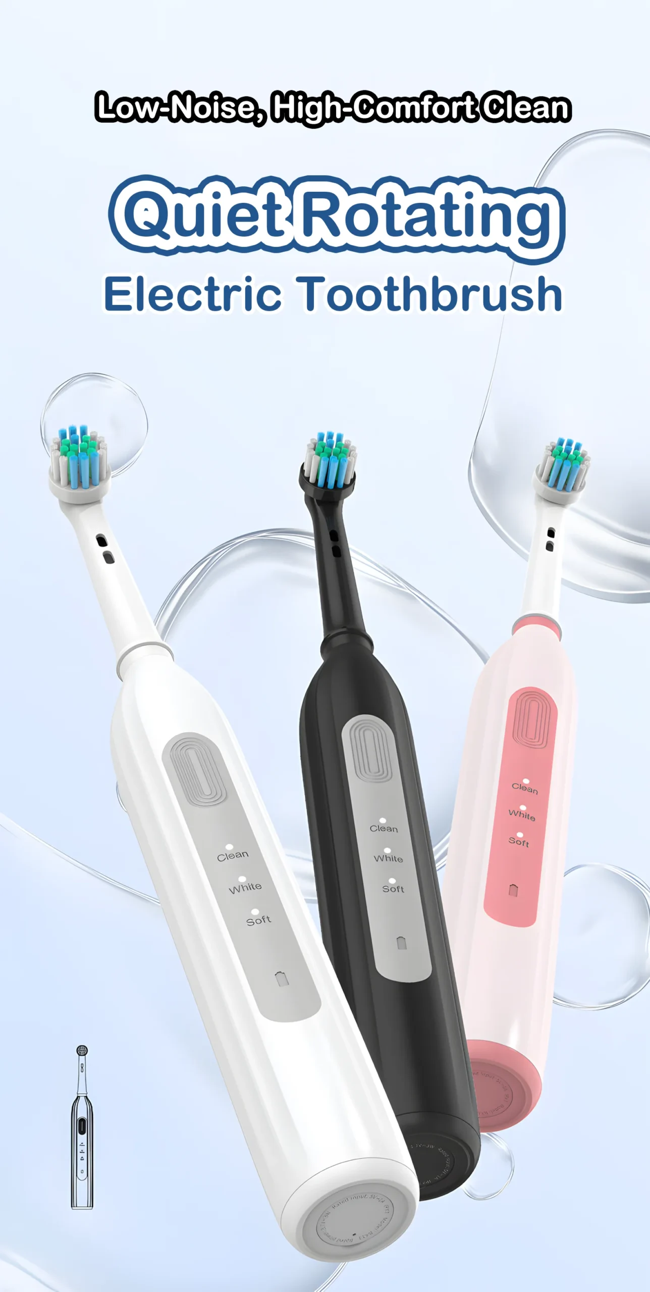 Rotating Oscillating Electric Toothbrush – Grin Teeth ET 6 scaled Grin Teeth ET 6 rotating oscillating electric toothbrushes in white, black, and pink with low-noise design