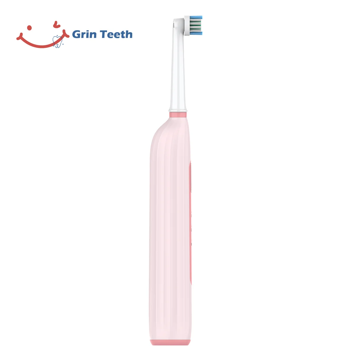 Grin Teeth ET 6A rotating oscillating electric toothbrush full side profile in pink, showing slim handle and round brush head