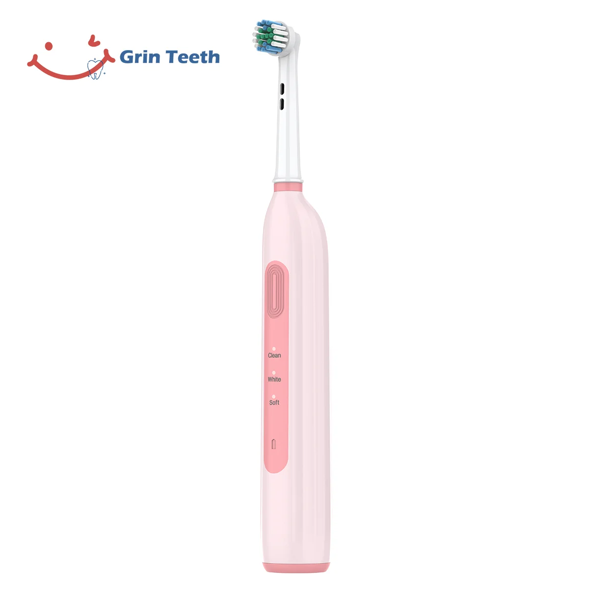 Grin Teeth ET 6A rotating oscillating electric toothbrush angled side view showing quiet brush head design