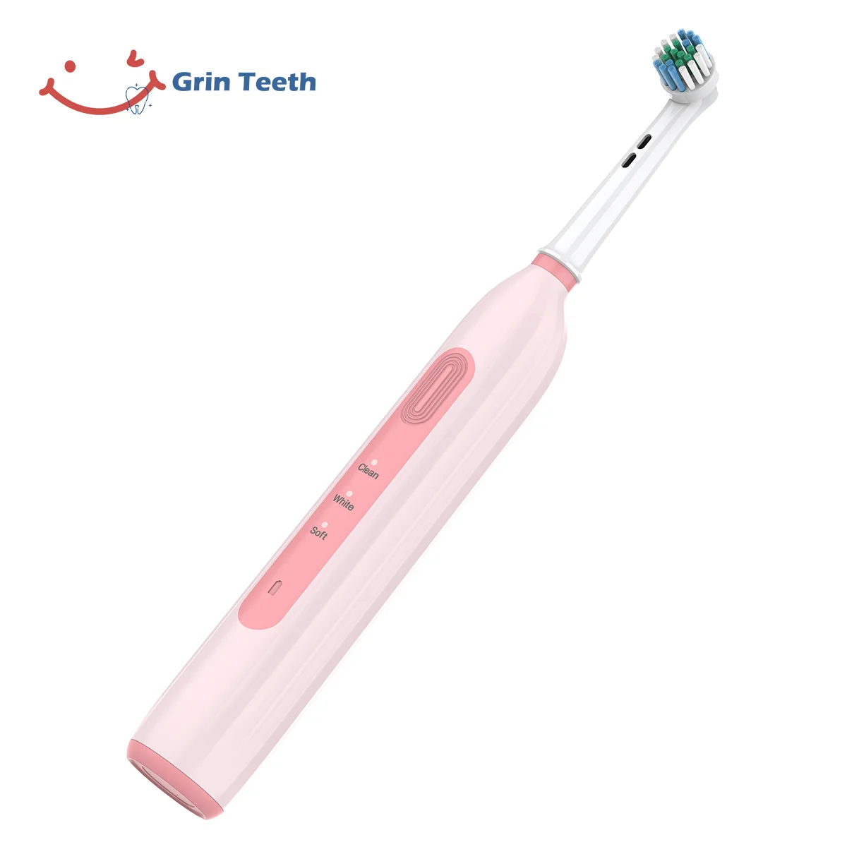 Grin Teeth ET 6A rotating oscillating electric toothbrush in pink, tilted front view showing 3 brushing modes and quiet round brush head