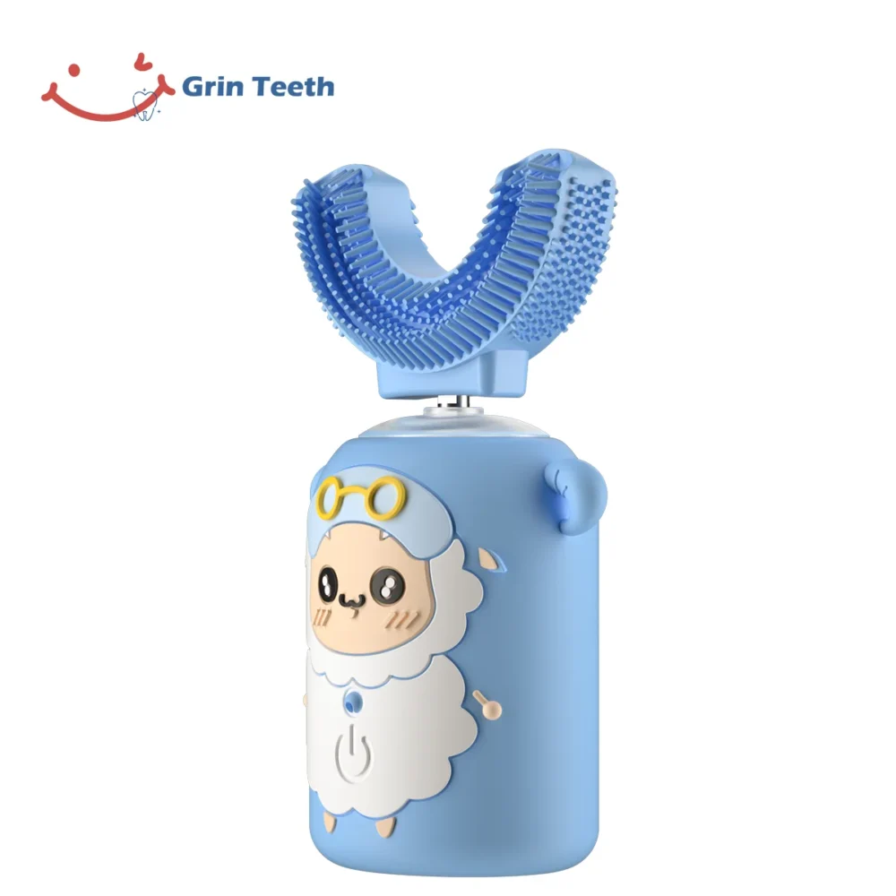 Left-side view of blue automatic toothbrush for kids with U-shaped silicone brush and cartoon sheep design